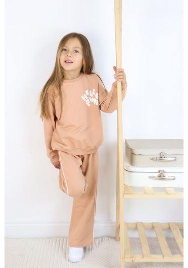 Kız Çocuk Hello Fun Baskılı İspanyol Paça İki İplik Eşofman Takımı Açık Kahverengi