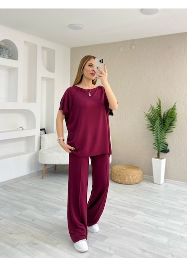 Kadın Kısa Kollu Kayık Yakalı Dikiş Izi Detaylı Viskon Iki Iplik Bluz Ve Pantolon Ikili Takım Çok Renkli