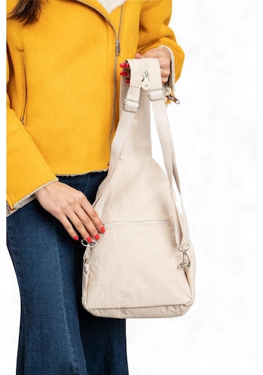 Body Bag Göğüs Çantası Klinkır Kumaş Çok Cepli Bady Bag Sırt Çantası Hafif Yağmur İtici 30 20 Cm Krem