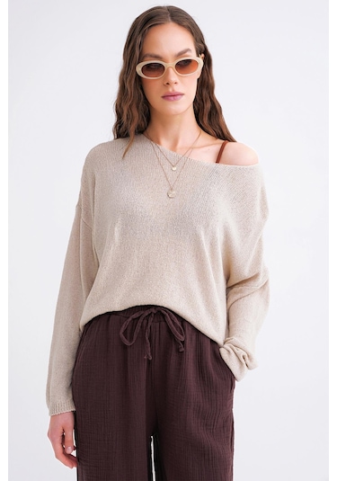 6933 Kadın Kayık Yaka İnce Mevsimlik Triko Kazak Taş Taş