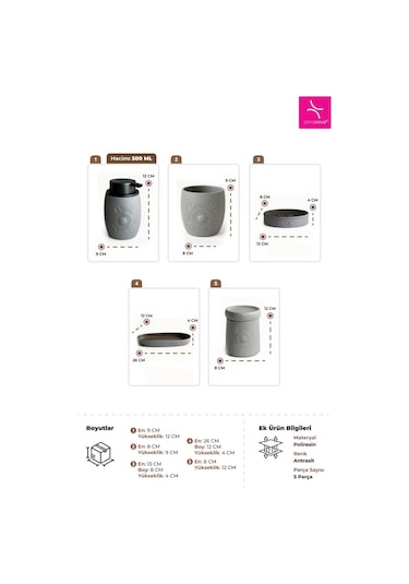 Primanova Clista 5'li Banyo Seti - Antrasit Antrasit