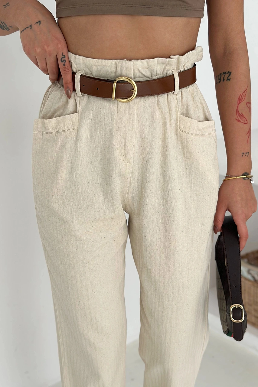 Yıkamalı Pamuk Yağmur Gabardin Yüksek Bel Pantolon Bej Bej