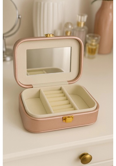 Deri Mini Seyahat Takı Bijuteri Mücevher Kutusu Organizer Düzenleyici 15cm Pembe İthal Ürün