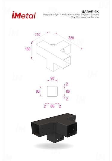 Sarar 85 X 85 Mm Ahşaplar İçin 4 Yollu Orta Bağlantısı