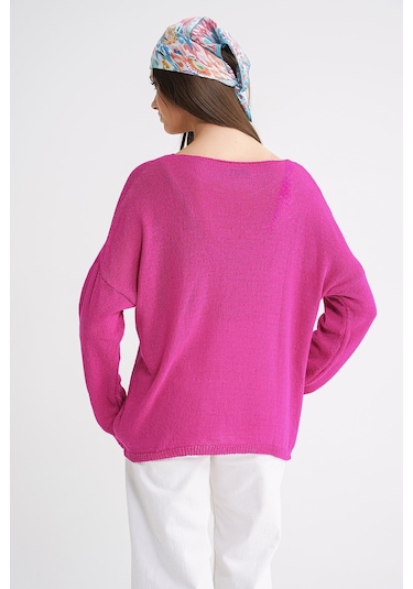 6933 Kadın Kayık Yaka İnce Mevsimlik Triko Kazak Fuşya Fuşya