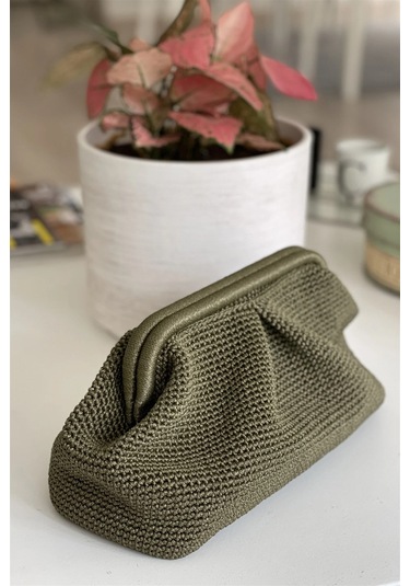 El Yapımı Haki Renk Pileli Örgü El Çantası Haki