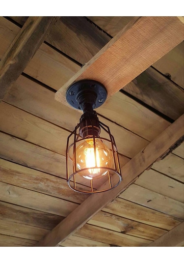 Endüstriyel Malzeme Demir Boru Sarı Ampulden, Rustik Tavan Avize Siyah