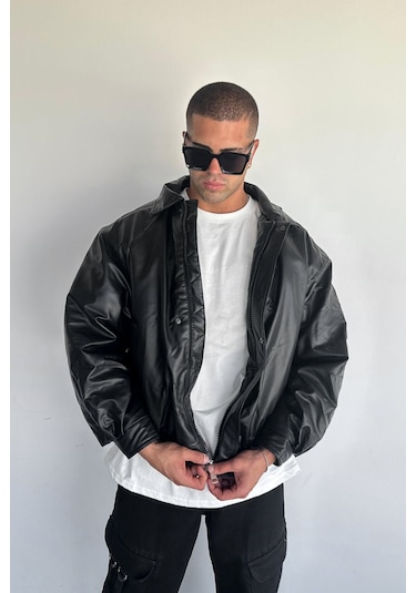 Siyah Oversize Dolgulu Bomber Deri Ceket Siyah