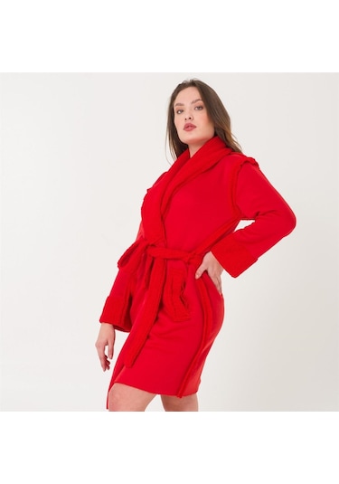 Sherpa Suni Yünlü Teddy Peluş Kadın Sabahlık Kırmızı
