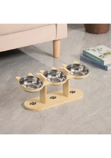 Dream011 Siyah 3 Seviyeli Kedi Maması Kabı Ahşap Paslanmaz Çelik Ayarlanabilir Taşınabilir