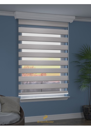 Br Demor Home Geniş Pliseli Açık Gri Zebra Stor Güneşlik Perde Metal Kasa Açık Gri