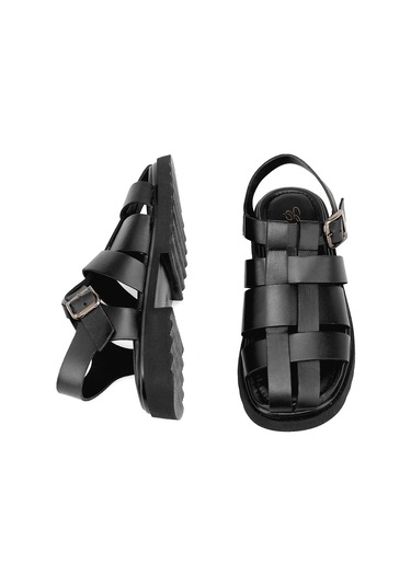 Elit Nerina Kadın Hakiki Deri Ortopedik Düz Sandalet Siyah Siyah