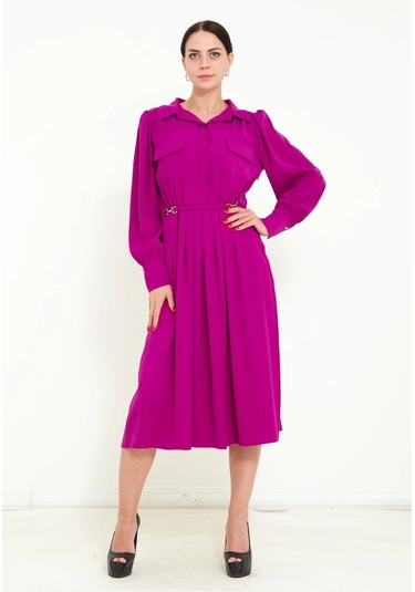 Modatalika Kadın Pile Detaylı Kemerli Gömlek Yaka Şık Uzun Kolu Midi Elbise Fuşya