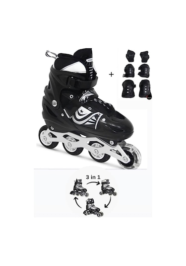 Işıklı Çocuk Pateni Silikon Ayarlanabilir Teker Metal Gövde Numaralı Ve Koruma Seti Siyah