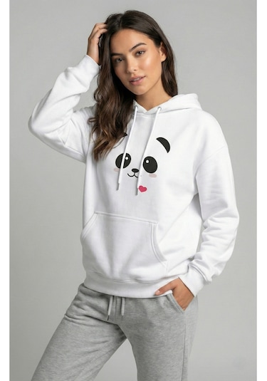 Unisex Sevgili Çift Kombini Oversize Panda Baskılı Çift Hoodie Beyaz