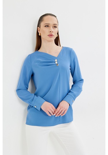 Yakası Pileli Ve Düğme Detaylı Gömlek İndigo Indıgo