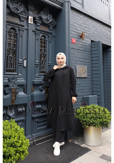 Kadın Siyah Aerobin Uzun Kapşonlu İkili Takım T0221 Siyah