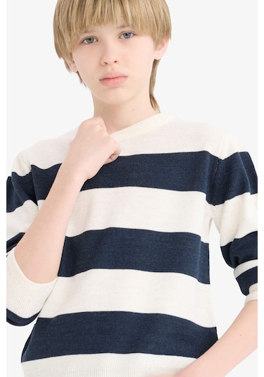 Defacto Erkek Çocuk Bisiklet Yaka Çizgili Triko Kazak C1710a825auer113 Ekru