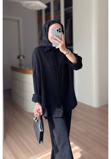 Kahijab Nakışlı Pul Detay Oversize Gömlek - Siyah