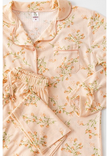 Uzun Kol Gömlek Yaka Kadın Pinterest Pijama Takımı - Mevsimlik Kadın Pijama- Geniş Beden Aralığı Turuncu