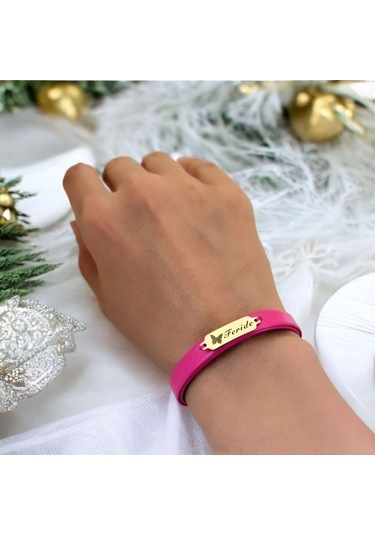 Archin Feride İsmine Özel Kelebek Figürlü 14 Ayar Altın Plakalı Doğal Pembe Derili Hediye Bileklik-651isim Feride