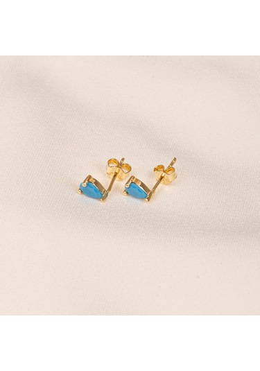 Altın Küpe - 14 Ayar Altın Damla Modelli Firuze Turkuaz Taşlı Küpe Sarı
