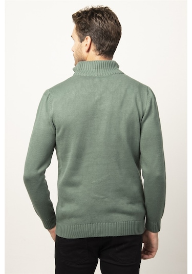 Tudors Slim Fit Dar Kesim Dik Yaka Fermuarlı Erkek Kazak-26349 Yeşil