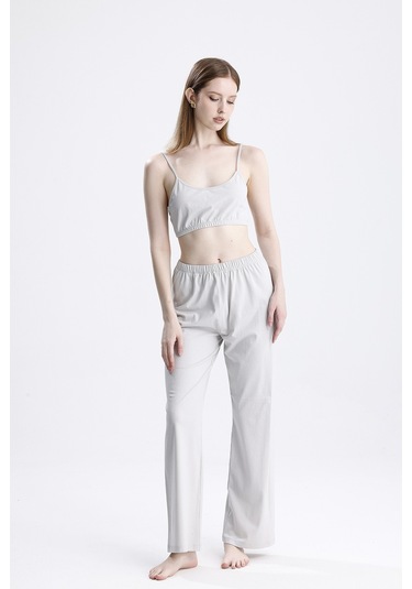 Laperissa Kadın Gri 3 Lü Ev Giyim Takımı Büstiyer, Pantolon Ve Bağlamalı Üst Gri