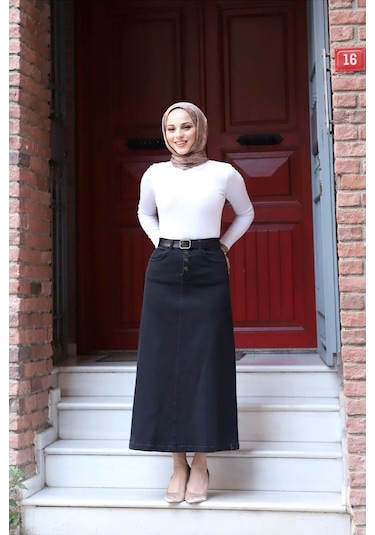 Vellıchor Doğal Kumaşlı Kemerli Kot Etek- 001