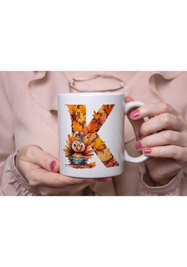K Harf Sonbahar Yaprak Temalı Kupa Bardak - Sevimli Figürler İle Alfabe Harfli Bardak - Kişiye Özel Beyaz
