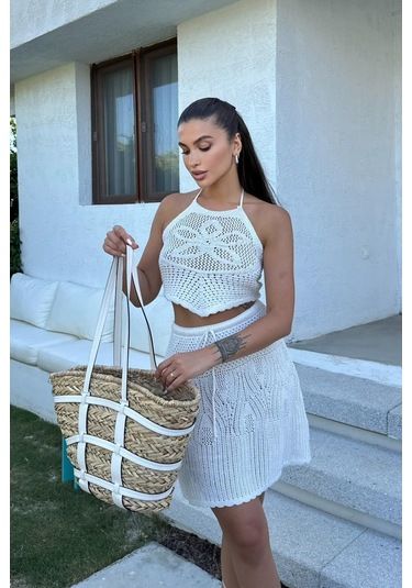 Kadın Ekru Pamuk Dokuma Askılı Halter Yaka Takım Ekru