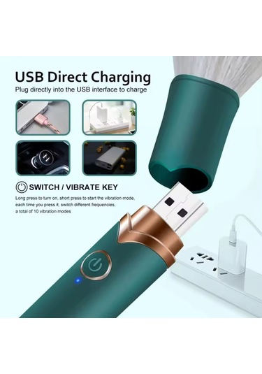 Moveevo Çift Kullanımlı Elektrikli Vibratör Masaj Aleti Makyaj Fırçası Usb Şarj 10 Hızlı Titreşim Otomatik Isıtma Dahili 150mah