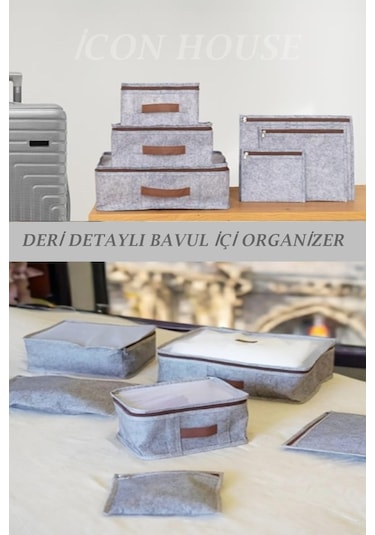 Deri Detaylı Gri 6'lı Set Bavul İçi Düzenleyici Organizer Valiz Düzenleyici Bebek Doğum Hurcu Gri