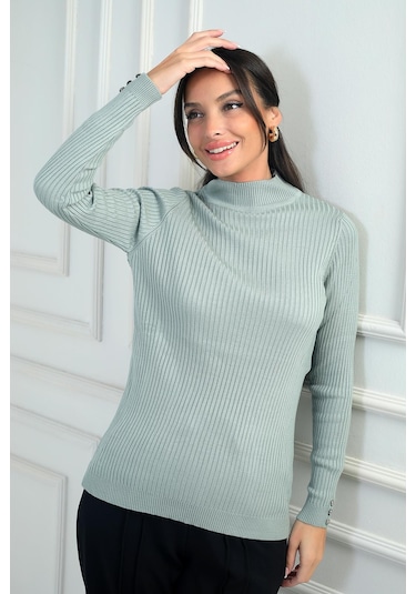 By Saygı Kadın Balıkçı Yaka Basic Fitilli Kolları Düğme Detaylı Kazak-41690 SU YEŞİLİ