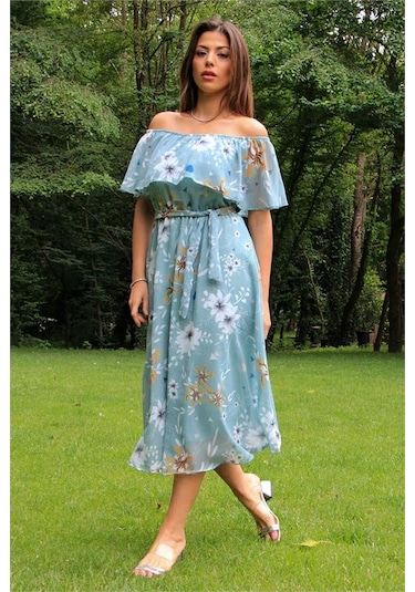 Neşeli Butik Kadın Mint Yeşili Kuşaklı Çiçekli Yazlık Şifon Elbise Nb100371 Mint