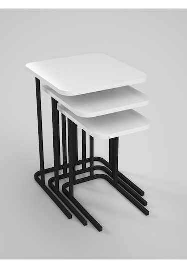 Zigon Sehpa Metal Ayak 3'lü Koltuk Yan Sehpa Zino Beyaz Beyaz