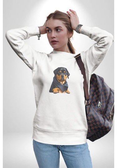 Puppy Köpek Rottweiler Unisex Beyaz Baskılı Sweatshirt Beyaz