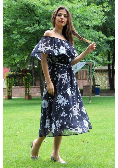Neşeli Butik Kadın Siyah Kuşaklı Çiçekli Yazlık Şifon Elbise Nb100371 Siyah