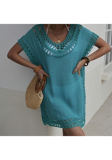 Düz Renk Tığ İşi V Yaka Ultra Rahat Kesim Plaj Elbisesi Mavi