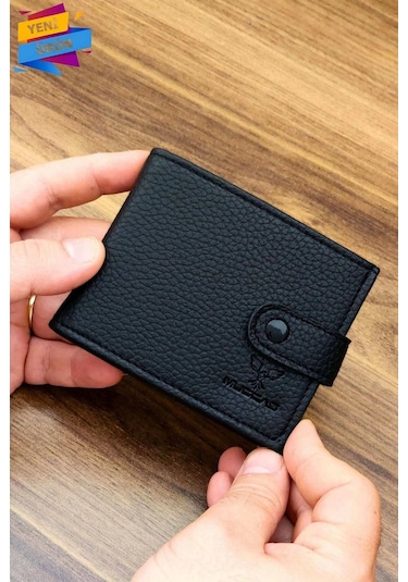 Erkek Cüzdan Bozuk Para Cepli Çıtçıtlı Kapak 8 Kart Cepli Modern Tasarım Siyah Renk Siyah