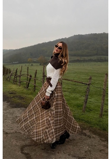 Kahverengi Şifon Ekoseli Etek - 0613 Kahverengi