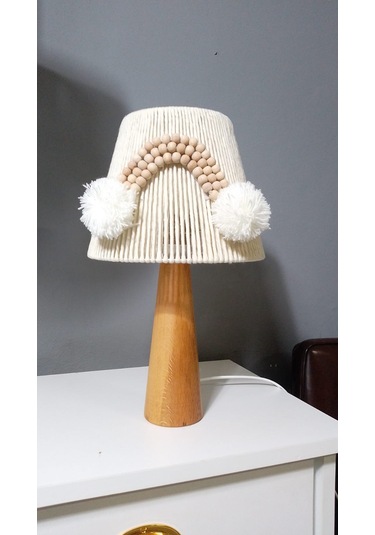 Ekru Makrome Avize Abajur Set Ahşap Boncuklu Bebek Çocuk Odası E27 Uyumlu Ekru