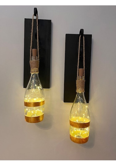 Tıpa Peri Led Işıklı Siyah Ahşap Cam Şampanya Şişesi Duvar Aplik Çok Renkli