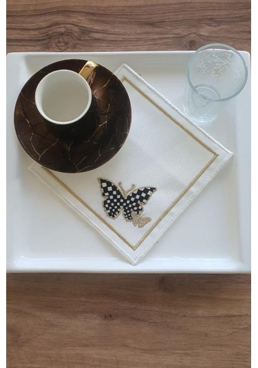 Kelebek Nakışlı Keten Kare Bardak Altlığı Seti 6 Lı Beyaz