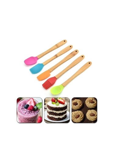 Ulzyvf Yemek Spatulas Spatula Spatula Silikon Silikon Seti Pişirme Pcs Mutfak Mini Mini Makinesi Kulplu Kaşık, Kabuğu İçin Gümüş Fırçası, Ahşap Ahşap 5 5 Xp gümüş