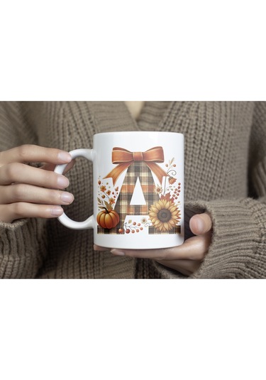 A Harfi Ekose Ve Sonbahar Temalı Kupa Bardak - Kişiye Özel Sıcak Tonlar Alfabe Kupa - Hediye Beyaz