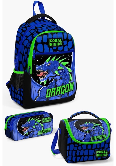 Coral High Kids Siyah Saks Ejderha Desenli 3 Lü Okul Çanta Seti Set0123485