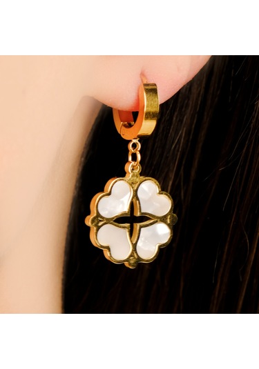 Lekka Design Sedefli Dörtlü Kalp Kararmaz Çelik Çiçek Kadın Küpe Çelik