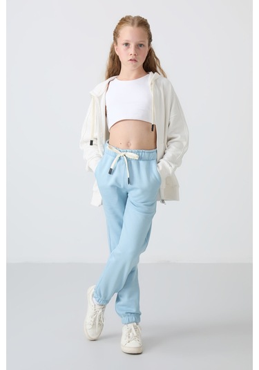 Tommy Life Açık Mavi Pamuklu İçi Tüylü Yumuşak Dokulu Standart Fit Nakışlı Kız Çocuk Eşofman Alt - 75158 Açık Mavi