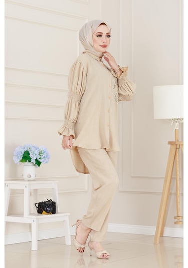 Önü Taşlı Kolu Lastikli İkili Takım-bej-5098 Bej